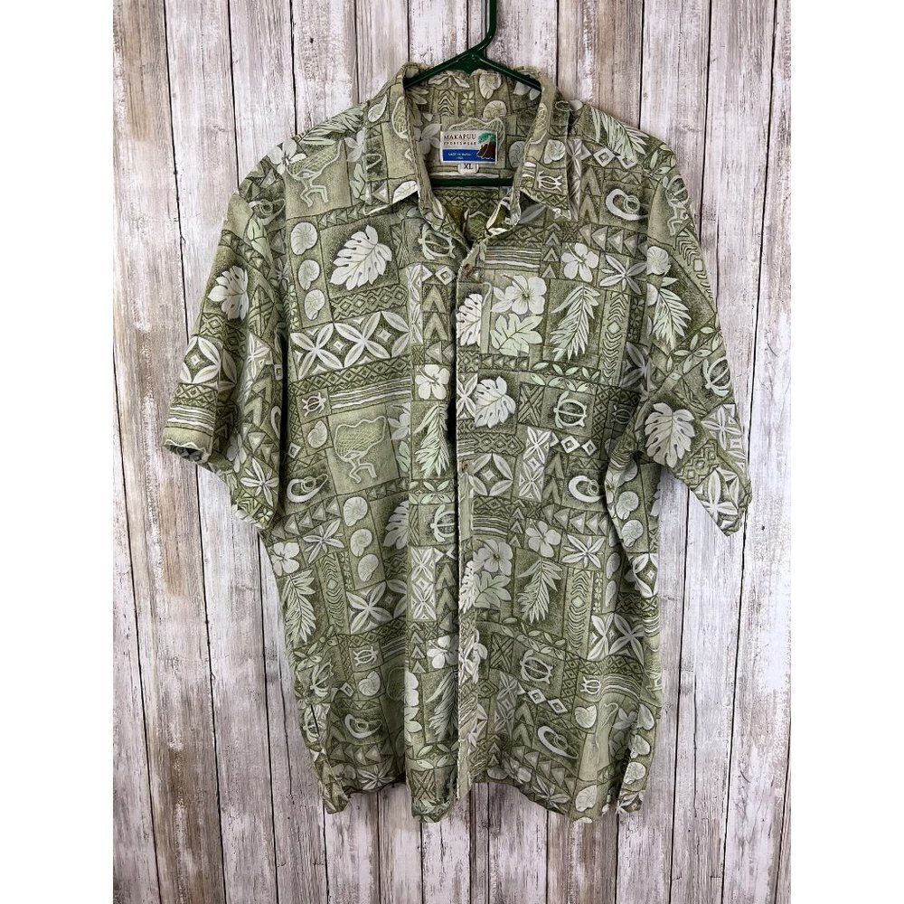 Vintage Makapuu Green Floral Tropical Abstract Hawaiian Shirt XL Reverse Print